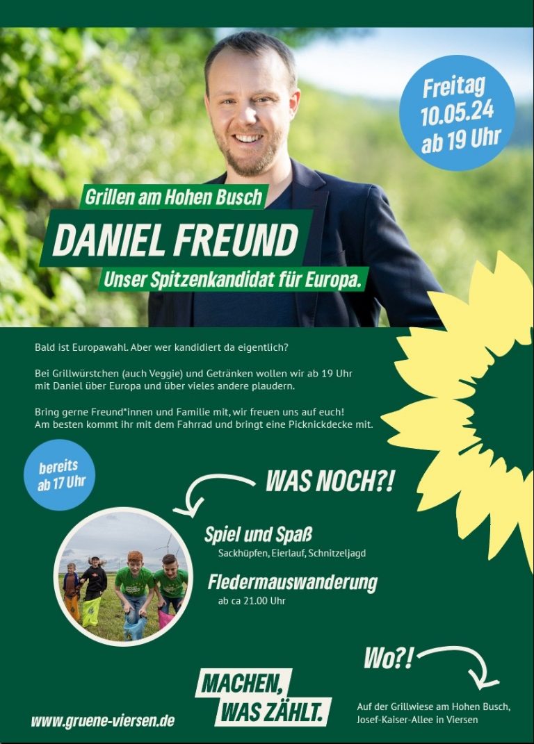 07.05.2024 Pressemitteilung: Einladung zum Familien-Grillabend mit Grünen Europaabgeordneten Daniel Freund in Viersen
